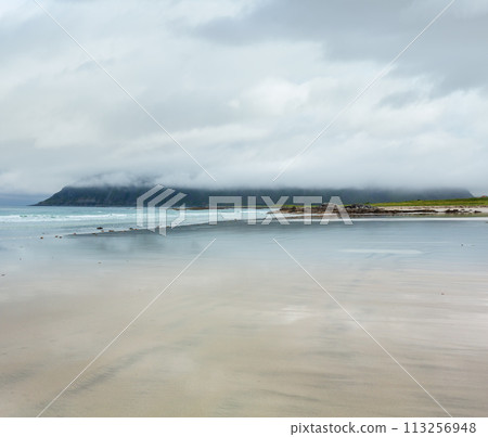 Summer cloudy Ramberg beach, Norway, Lofoten 113256948