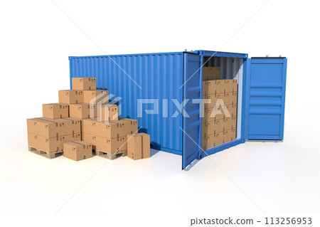 Ship cargo container side view with cardboard boxes Ship cargo container side view with cardboard boxes 113256953