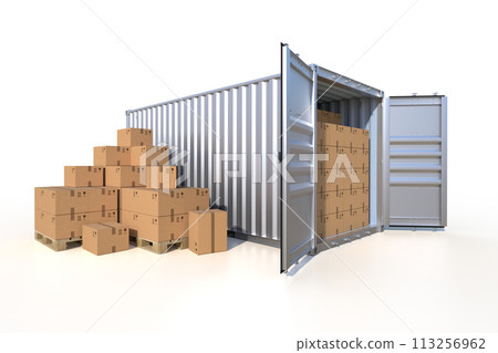 Ship cargo container side view with cardboard boxes Ship cargo container side view with cardboard boxes 113256962