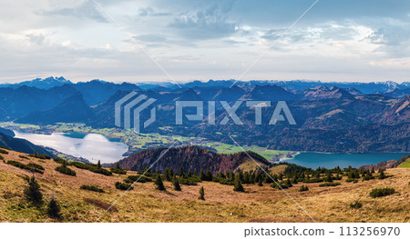 Picturesque autumn Alps mountain lakes view from Schafberg viewpoint, Salzkammergut, Upper Austria. Picturesque autumn Alps mountain lakes view from Schafberg viewpoint, Salzkammergut, Upper Austria. 113256970