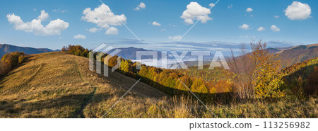 Foggy early morning autumn mountains scene. Peaceful picturesque traveling, seasonal, nature and countryside beauty concept scene. Carpathian Mountains, Ukraine. Foggy early morning autumn mountains scene. Peaceful picturesque traveling, seasonal, nature and countryside beauty concept scene. Carpathian Mountains, Ukraine. 113256982