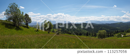 Summer Chornohora massiv mountains scenery view from Sevenei hill (near Yablunytsia pass, Carpathians, Ukraine.) 113257056