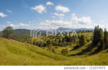 Summer Chornohora massiv mountains scenery view from Sevenei hill (near Yablunytsia pass, Carpathians, Ukraine.) 113257075