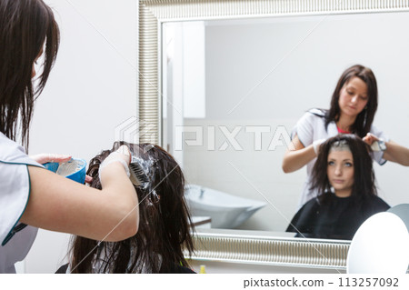 Woman getting hair colored in beauty salon 113257092