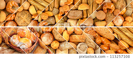 Panoramic set of fresh bread products. 113257108