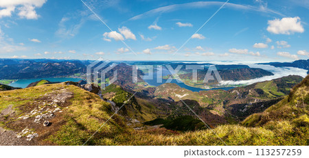 Picturesque autumn Alps mountain lakes view from Schafberg viewpoint, Salzkammergut, Upper Austria. Picturesque autumn Alps mountain lakes view from Schafberg viewpoint, Salzkammergut, Upper Austria. 113257259