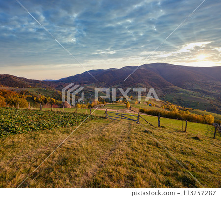 Autumn morning Carpathian Mountains calm picturesque scene, Ukraine. Peaceful traveling, seasonal, nature and countryside beauty concept scene. Autumn morning Carpathian Mountains calm picturesque scene, Ukraine. Peaceful traveling, seasonal, nature and countryside beauty concept scene. 113257287