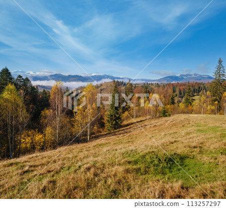 Late autumn mountain morning scene with snow covered tops in far and foggy clouds in valleys. Picturesque traveling, seasonal, nature and countryside beauty concept scene. Carpathians, Ukraine. Late autumn mountain morning scene with snow covered tops in far and foggy clouds in valleys. Picturesque traveling, seasonal, nature and countryside beauty concept scene. Carpathians, Ukraine. 113257297