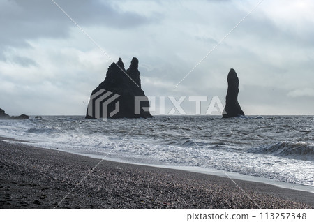 The famous Black Sand ocean Beach and Picturesque Basalt Columns, Vik, South Iceland. Flying birds in sky. The famous Black Sand ocean Beach and Picturesque Basalt Columns, Vik, South Iceland. Flying birds in sky. 113257348