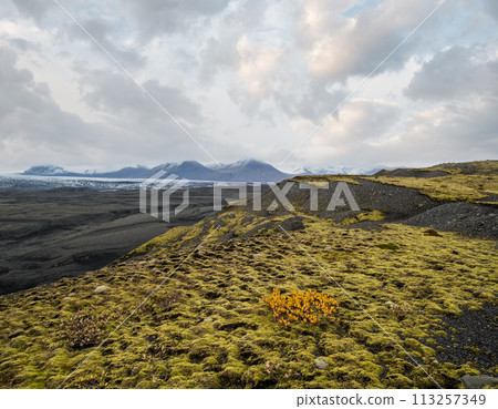 Iceland autumn tundra landscape near Haoldukvisl glacier, Iceland. Glacier tongue slides from the Vatnajokull icecap or Vatna Glacier near subglacial Esjufjoll volcano. Not far from Iceland Ring Road. 113257349