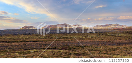 Spectacular volcanic view from Saxholl volcano Crater, Snaefellsnes peninsula, Snaefellsjokull National Park, West Iceland. 113257360