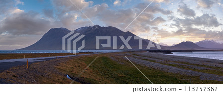 View during auto trip in West Iceland, Kolgrafafjordur fjord. Spectacular Icelandic landscape with  scenic nature 113257362