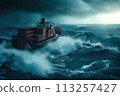 Container ship floats in ocean amid storm that involves large waves a strong winds. AI Generation 113257427