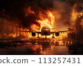 After an explosion, an aircraft carrying passengers crashes at an airport. AI Generation 113257431