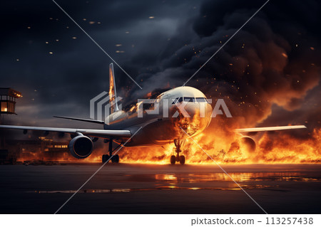 Aircraft passenger crashed caught fire at airport following an explosion AI Generation 113257438