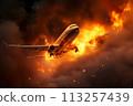 Explosion after catastrophic airplane flight with a burning fire a smoke engine AI Generation  113257439