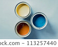 This is flat lay of an open multicolored paint cans Generation AI 113257440