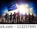 Standing in front of Israeli flag, Israeli army protects its people from foreign aggression AI Generation 113257445