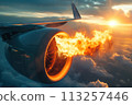 An airplane engine malfunctioned during flight, causing a fire to ignite AI Generation 113257446