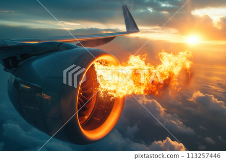 An airplane engine malfunctioned during flight, causing a fire to ignite AI Generation An airplane engine malfunctioned during flight, causing a fire to ignite AI Generation 113257446