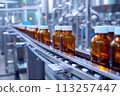 Pharmaceutical manufacturing with liquid in glass bottles on automatic conveyor system AI Generation 113257447