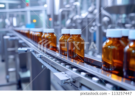 Pharmaceutical manufacturing with liquid in glass bottles on automatic conveyor system AI Generation Pharmaceutical manufacturing with liquid in glass bottles on automatic conveyor system AI Generation 113257447