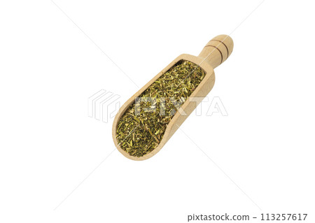 passion flower herb in latin - passiflora incarnata in wooden scoop isolated on white background. Medicinal herb. passion flower herb in latin - passiflora incarnata in wooden scoop isolated on white background. Medicinal herb. 113257617