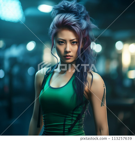 Young asian woman with striking purple hair and sleeveless green top stands confidently in dimly lit urban setting. Her intense gaze and athletic build suggest readiness for action, while blurred city 113257639