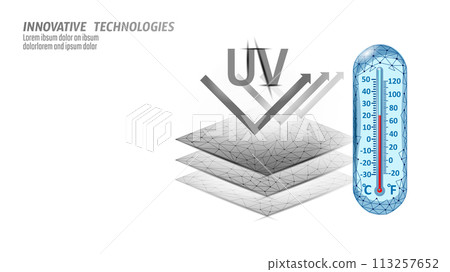 3D UV protection membrane properties. Textile fabric sport sun screen label. Clothing digital design ultraviolet rays safety skin resistance vector illustration 113257652