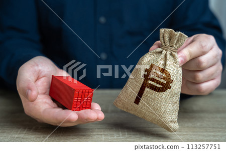 Ship container and philippine peso money bag. Transportation and freight of goods and cargo through ports or overland routes. Distribution logistics worldwide. Trade and delivery. 113257751