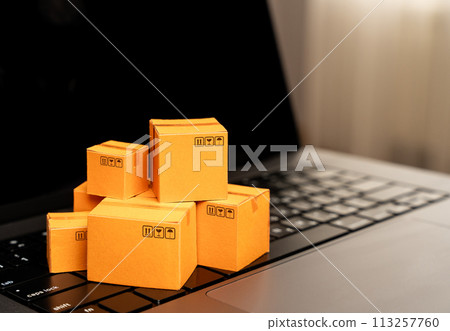 Boxes on a laptop. Internet trade, online orders. Import or export. Delivery and logistics. Shopping. 113257760
