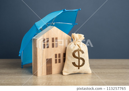 House with dollar money bag and blue umbrella. Financial security. Protect investment and be prepared for unforeseen events. Repairs or rebuilding in the event of a covered loss. Property insurance. House with dollar money bag and blue umbrella. Financial security. Protect investment and be prepared for unforeseen events. Repairs or rebuilding in the event of a covered loss. Property insurance. 113257765