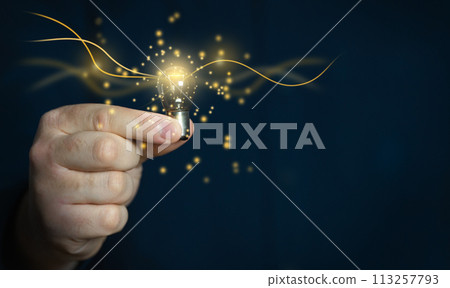 Businessman holding an idea light bulb. Investment in an idea. Offering financial incentives. Spark of interest. Opportunities and progress. 113257793