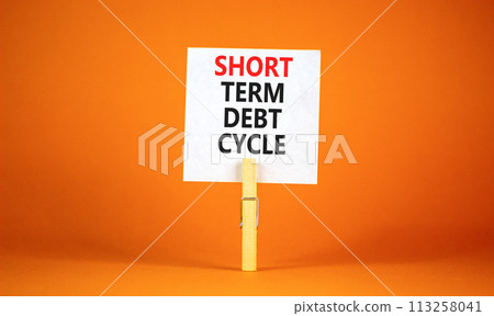 Short term debt cycle symbol. Concept words Short term debt cycle on beautiful white paper on clothespin. Beautiful orange background. Business Short term debt cycle concept. Copy space Short term debt cycle symbol. Concept words Short term debt cycle on beautiful white paper on clothespin. Beautiful orange background. Business Short term debt cycle concept. Copy space 113258041
