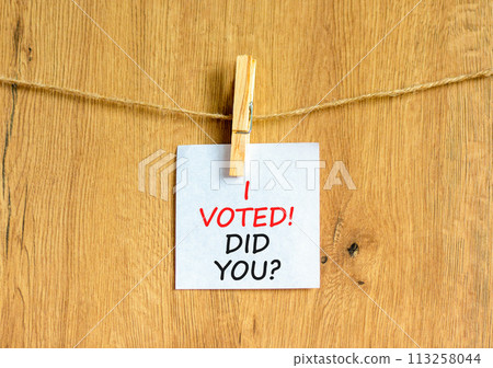 I voted. Did you symbol. Concept words I voted. Did you on beautiful white paper on clothespin. Beautiful wooden background. Business I voted. Did you concept. Copy space. I voted. Did you symbol. Concept words I voted. Did you on beautiful white paper on clothespin. Beautiful wooden background. Business I voted. Did you concept. Copy space. 113258044