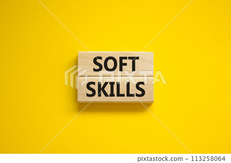 Soft skills symbol. Concept words 'Soft skills' on wooden blocks on a beautiful yellow background. Business, educational and soft skills concept, copy space. Soft skills symbol. Concept words 'Soft skills' on wooden blocks on a beautiful yellow background. Business, educational and soft skills concept, copy space. 113258064
