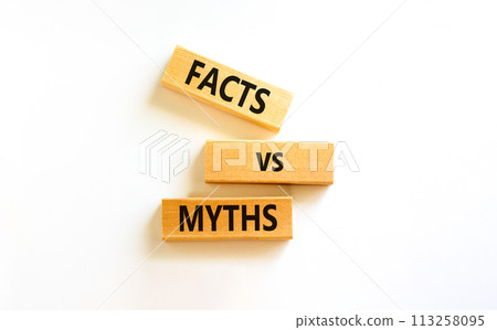 Facts vs myths symbol. Concept words Facts vs myths on wooden blocks on a beautiful white table white background. Business, finacial and facts vs myths concept. Copy space. 113258095