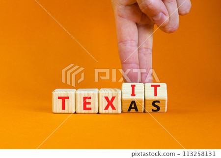 Texas or Texit symbol. Concept word Texas or Texit on beautiful wooden cubes. Beautiful orange table orange background. Businessman hand. Business Texas or Texit concept. Copy space. Texas or Texit symbol. Concept word Texas or Texit on beautiful wooden cubes. Beautiful orange table orange background. Businessman hand. Business Texas or Texit concept. Copy space. 113258131