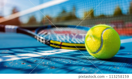Tennis Racket and Ball on Court Tennis Racket and Ball on Court 113258159