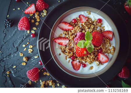 Fresh Yogurt with Berries and Granola 113258169