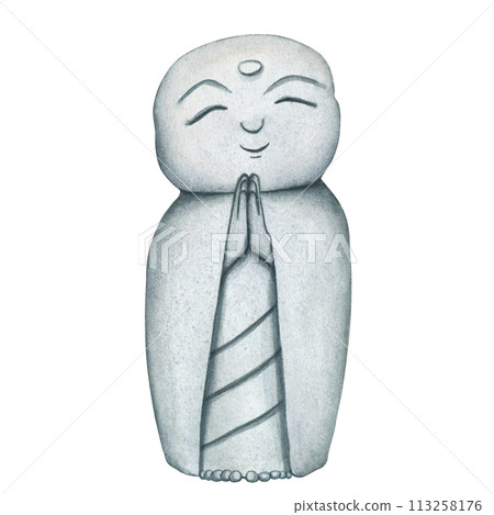 Jizo Bosatsu monk. Hand drawn watercolor illustration of Japanese Stone buddha Monk statue, Kamakura, Japan. Cute prayer Statue, healing Sculpture. Smiling Buddha Figurine Jizo Bosatsu monk. Hand drawn watercolor illustration of Japanese Stone buddha Monk statue, Kamakura, Japan. Cute prayer Statue, healing Sculpture. Smiling Buddha Figurine 113258176