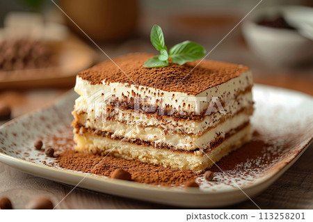 Delicious Tiramisu Dessert on Plate 113258201