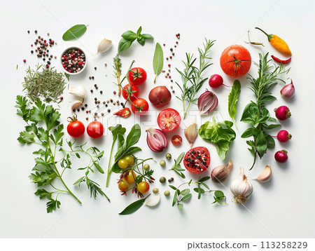 Assorted Fresh Herbs and Spices on White Background Assorted Fresh Herbs and Spices on White Background 113258229