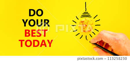 Do your best today symbol. Concept words Do your best today on beautiful yellow paper. Beautiful yellow background. Businessman hand. Business motivational do your best today concept. Copy space. 113258230