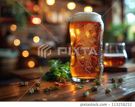 Chilled Beer Glass with Golden Glow Chilled Beer Glass with Golden Glow 113258252
