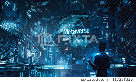Futuristic cyber space with sign Metaverse, abstract digital world background. Person in room with data lights. Concept of technology, future, tech, virtual reality 113258329