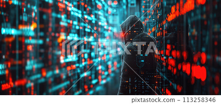 Hacker and information in dark digital data... - Stock Illustration ...
