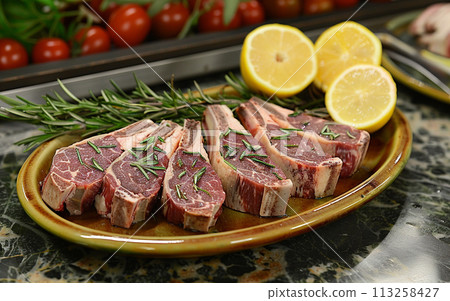 Fresh Raw Lamb Chops with Herbs 113258427
