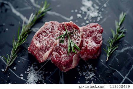 Raw Steak with Rosemary and Sea Salt on Dark Background Raw Steak with Rosemary and Sea Salt on Dark Background 113258429