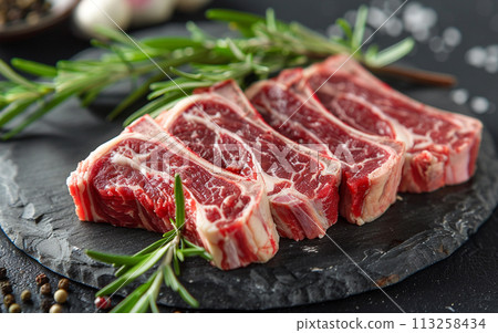Raw Ribeye Steaks with Herbs and Spices 113258434